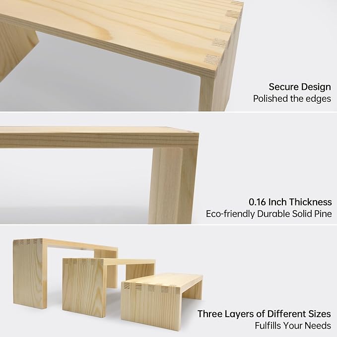 Display Wood Risers Wooden Stand 3 Tier 4 Set 12 Pieces Wooden Stands Decorative Rectangular Display Cupcake Stands Perfume Racks Cologne Organizer(Nature)