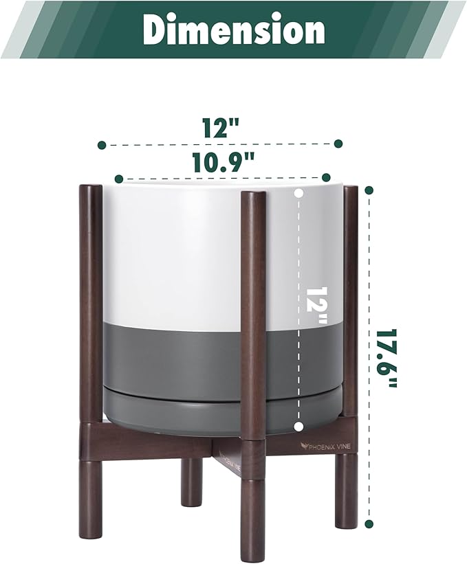 D'vine Dev Ceramic Planter with Walnut Color Stand - 12 Inch Modern Round Flower Pot with Wood Planter Holder, White/Grey, 55-B-W-6