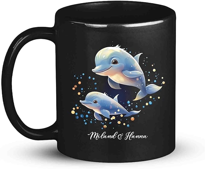 Custom Name Xmas Animal Cup, Cute Dolphins Swimming Design Mug 11oz 15oz, Customized Christmas Dolphins Black Cup, Personalized Animal Lover Coffee Mug, Gift For Newlyweds, Close Friend