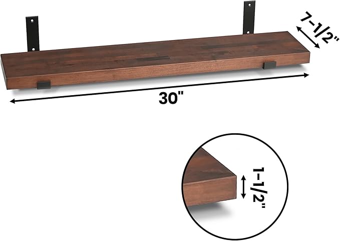 CONSDAN Floating Shelves for Wall Mounted Book Shelf Hanging Shelves Floating Bookshelf for Bedroom, Bathroom, Living Room, Kitchen USA Grown Solid Hardwood, Dark Maple 30x7.5x1.5 in (Set of 3)
