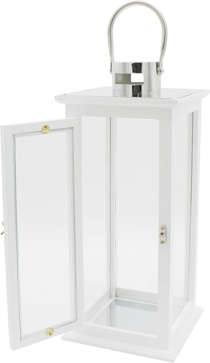 CVHOMEDECO. Decorative Elegant Wood Hurricane Candle Lantern with Stainless Top and Glass Inserts for Home Patio Outdoor Decor. White, Set of 2