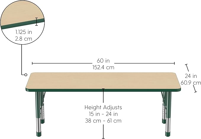 Factory Direct Partners FDP Rectangle Activity School and Classroom Kids Table (24 x 60 inch), Chunky Toddler Legs, Adjustable Height 15-24 inches - Maple Top and Green Edge