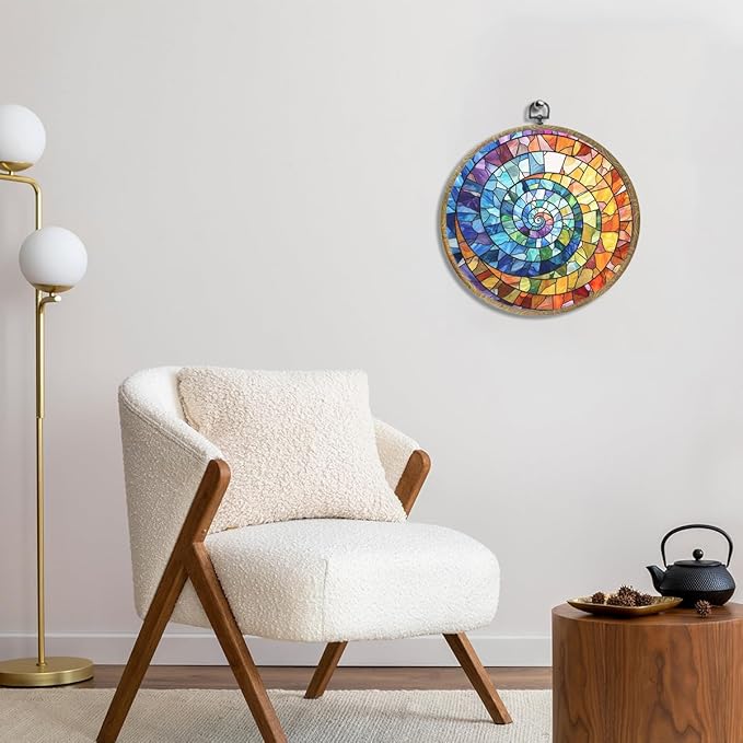 Colorful Boho Rainbow Geometric Spiral Sun Art Gift Framed Round Wall Decor Canvas Wall Art Hanging Prints Artwork for Home Office Porch Nursery Bedroom Living Room Decorations 10.2X10.2 Inch
