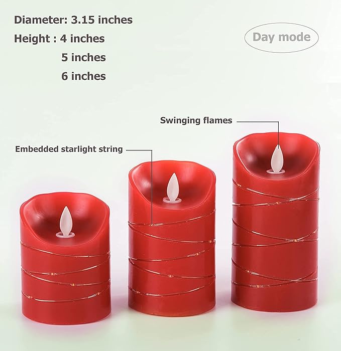 danip red LED flameless Candle with Embedded Star String, 3-Piece Set of LED Candles, with 11 Button Remote Control, 24-Hour Timer Function, Dancing Flames, Real Wax, Battery Powered. (Red)