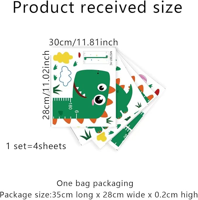 Dinosaur Self-adheve Vinyl Nursery Wall Decal Baby Growth Chart Sticker for Bedroom Play Room