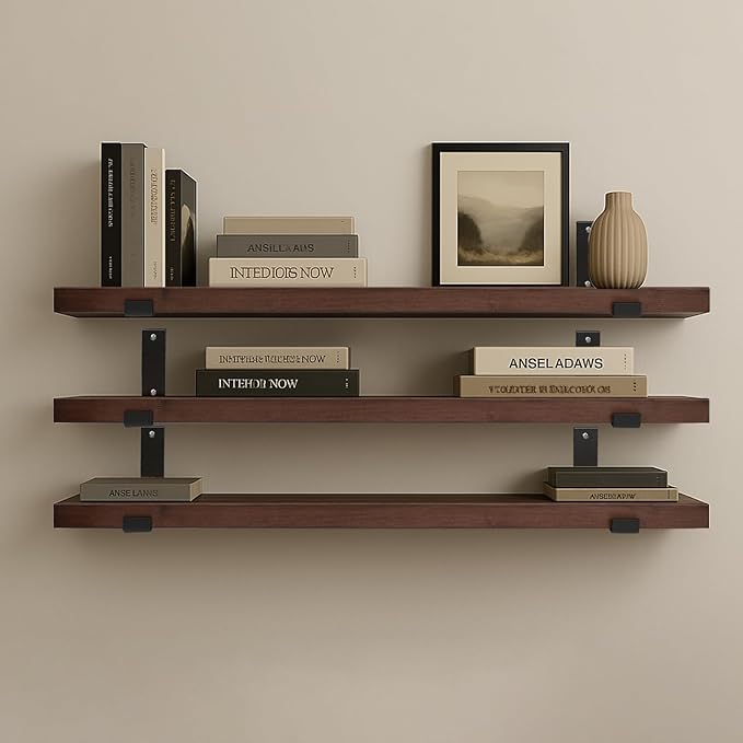 CONSDAN Floating Shelves for Wall Mounted Book Shelf Hanging Shelves Floating Bookshelf for Bedroom, Bathroom, Living Room, Kitchen USA Grown Solid Hardwood, Dark Maple 60x7.5x1.5 in (Set of 3)