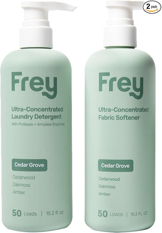 FREY Concentrated Liquid Laundry Detergent | Formulated for Sensitive Skin & HE Washers | Removes Stains Effectively | 50 Loads per Bottle (2-pack Cedar Grove)