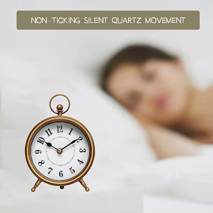 EMAX Home Vintage Small Table Clock on Stand,Desk and Shelf Clock Decorative Farmhouse Mantel Non-Ticking Clock Rustic Metal Frame with Antique Gold Finish 9.3 Inch…