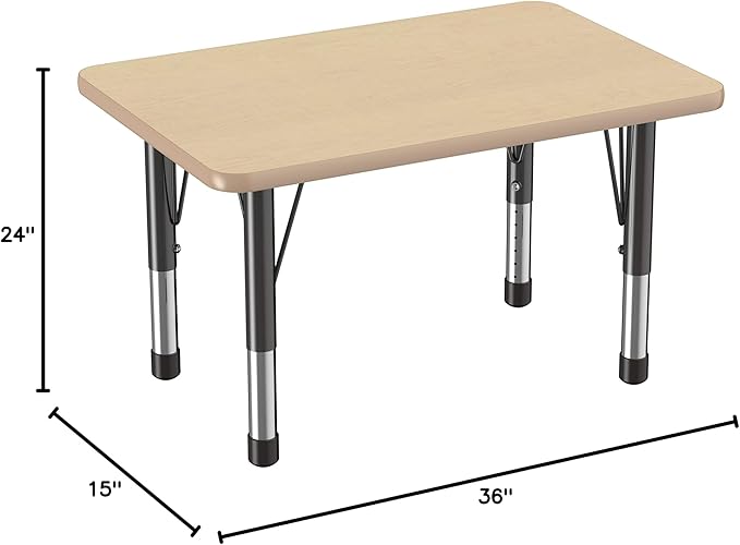 FDP Rectangle Activity School and Classroom Kids Table (24 x 36 inch), Chunky Toddler Leg, Adjustable Height 15-24 inches - Maple Top and Maple Edge