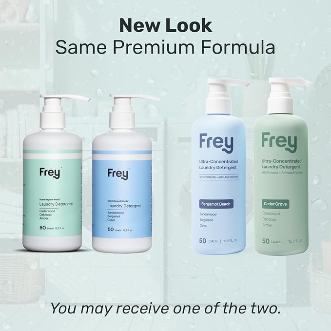 FREY Concentrated Liquid Laundry Detergent | Formulated for Sensitive Skin & HE Washers | Removes Stains Effectively | 50 Loads per Bottle (Cedar Grove & Bergamot Beach)