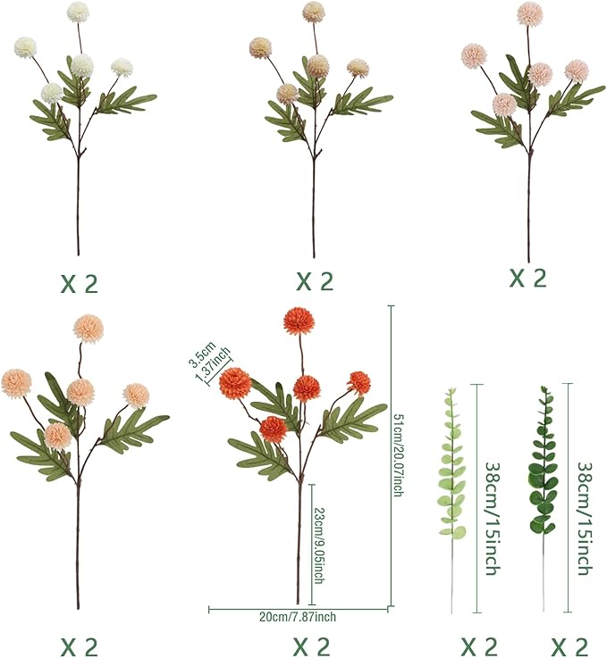 Faux Mixed Color Kiku Flower, 10 Stems with 5 Heads Each & 4 Branches Eucalyptus Stems, Artificial Small Mini Chrysanthemum Flowers for Aesthetic Room Decor, Floral Arrangements Centerpiece