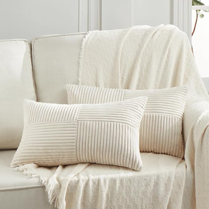 Fancy Homi 2 Packs Cream Lumbar Decorative Throw Pillow Covers 12x20 Inch for Living Room Couch Bed Sofa, Rustic Farmhouse Boho Home Decor, Soft Striped Corduroy Rectangle Accent Cushion Case 30x50 cm