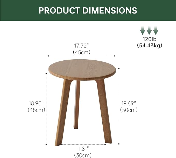 100% Solid Oak Round Side Table, Small Bedside Table for Small Spaces, Living Room End Table with Stable Frame for Bedroom Couch, (Natural, 17.71" D x 19.68" H)