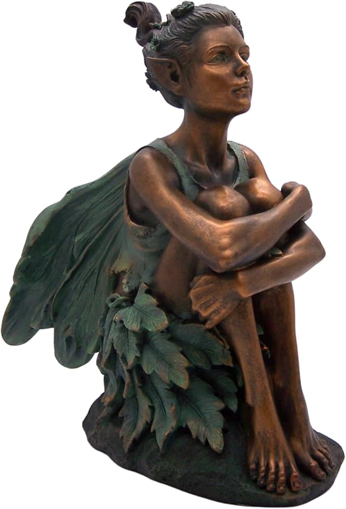 Copper Toned Fairy Holding Knees with Blue Accents Garden Statue, Whimsical Outdoor Decor, 13 Inches