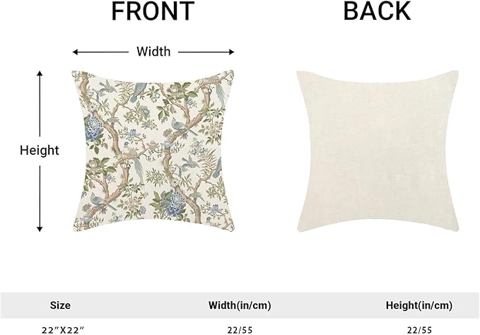 CXMEIFLY Chinoiserie Spring Pillow Covers 22 x 22 Inch Set of 2 for Blue Sage Green Vintage Flowers Bird Decor Throw Pillows Plant Farmhouse Outdoor Decorative Cushion Cases for Couch Bed Decorations