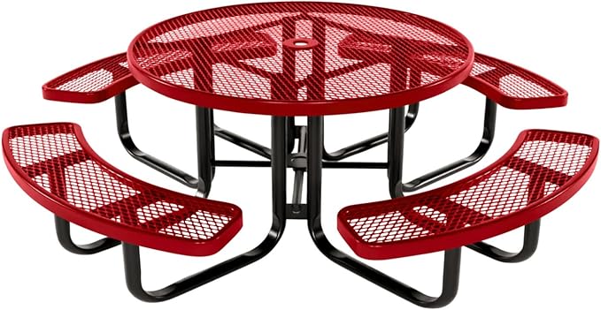 Coated Outdoor Furniture Heavy-Duty Portable Outdoor Kids Table with Umbrella Hole, Expanded Metal Kids Picnic Table, Commercial-Grade, Made in America (46 In, Round, Childrens, Textured Red)