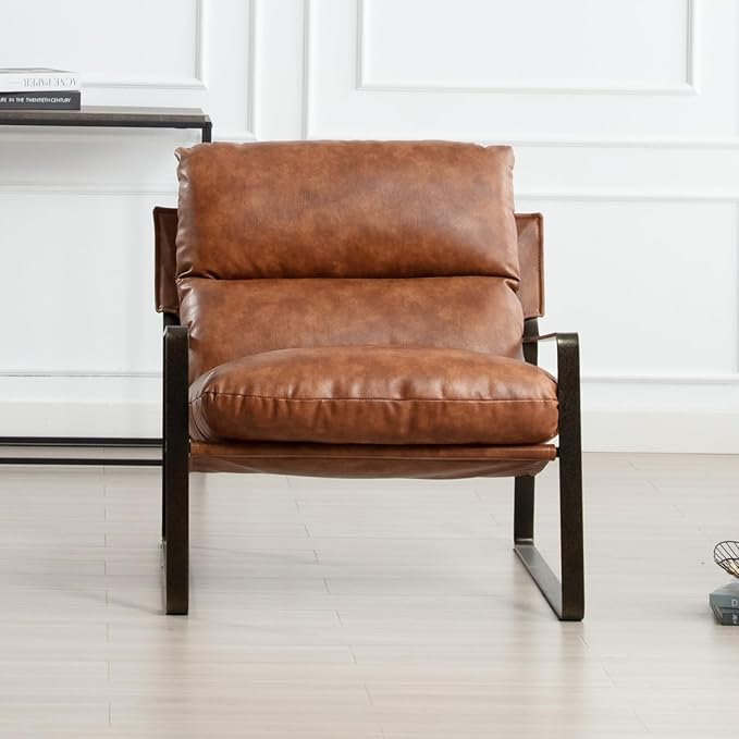 DUOMAY Mid-Century Accent Chair Armchair, Comfy PU Leather Leisure Chair Lazy Chair with Brozen Metal Leg for Living Room Bedroom Office Apartment, Brown