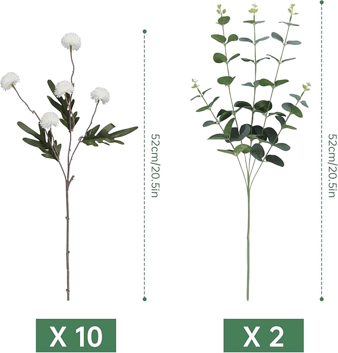 Faux White Kiku Flowers 10 Stems & 2 Eucalyptus, Fake Mums Pompon Flower Ball, Autumn Artificial Chrysanthemums Flowers for Boho Bedroom Decor, Silk Mini Faux Kiku Flower Wedding Arrangements Decor