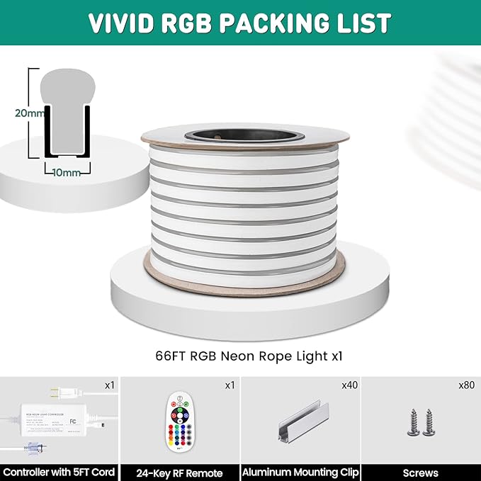 GZBtech RGB LED Neon Rope Lights 66FT/20M, AC 110-120V Waterproof Color Changing LED Rope with Remote Controller, Dimmable Multi Color Neon Rope Lighting for Indoor Outdoor Commercial Use