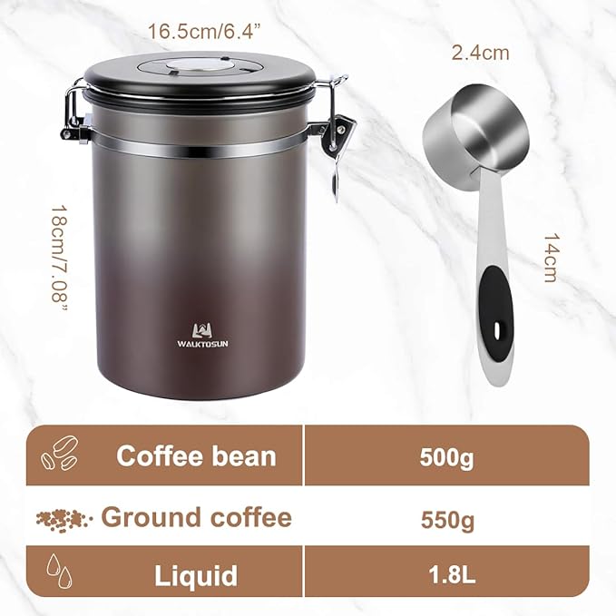 Coffee Canister Airtight Storage Container Stainless Steel Coffee Jar with Scoop,Date Tracker CO2 Release Valve for Dry Food Beans Ground Tea Flour Cereal and Sugar (1.8L Grey-Brown With Spoon(2pcs))