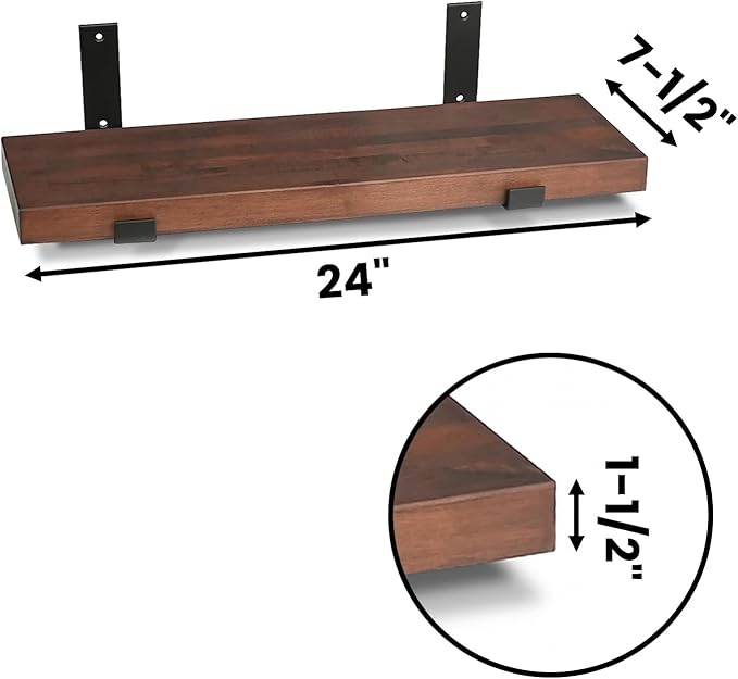 CONSDAN Floating Shelves for Wall Mounted Book Shelf Hanging Shelves Floating Bookshelf for Bedroom, Bathroom, Living Room, Kitchen USA Grown Solid Hardwood, Dark Maple 24x7.5x1.5 in (Set of 3)