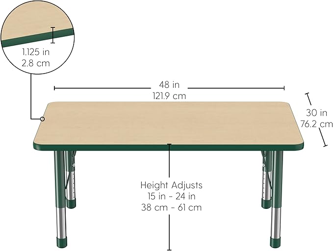 FDP Rectangle Activity School and Classroom Kids Table (30 x 48 inch), Chunky Toddler Legs, Adjustable Height 15-24 inches - Maple Top and Green Edge