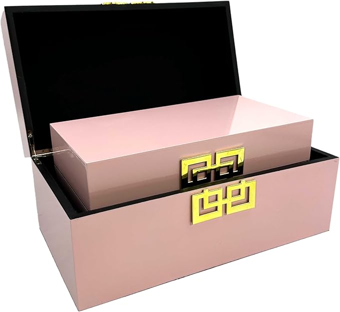Galt International Storage Box Set Decorative Storage Box w/Hinged Lid Classic Design Wood Decor Boxes with Geometric Clasp Storage for Bedroom & Home - Set of 2 (Pink & Gold)