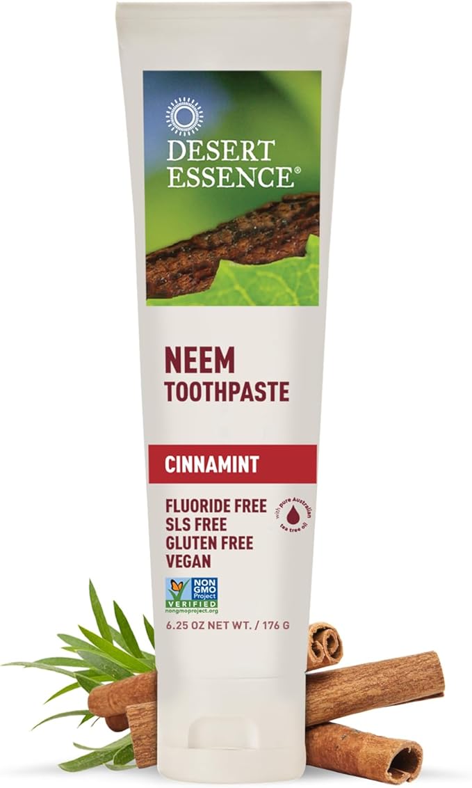 Desert Essence Natural Neem Toothpaste - Cinnamint - 6.25 Oz - Pure Essential Oil - Baking Soda - Complete Oral Care - Sea Salt - Refreshing Taste - Promotes Buildup Reduction