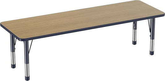 FDP Rectangle (24 x 60 inch) Classroom Table with Adjustable Chunky Toddler Legs (15-24 in); Preschool, Kinder and Daycare Furniture - Pasadena Oak Top/Navy Edge and Legs