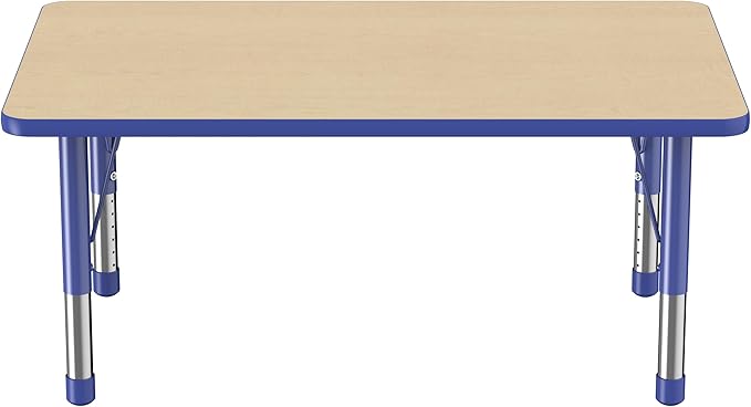 FDP Rectangle Activity School and Classroom Kids Table (30 x 48 inch), Chunky Toddler Legs, Adjustable Height 15-24 inches - Maple Top and Blue Edge