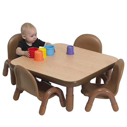Children’s Factory Baseline Toddler Square Table and Chairs Set, Natural Wood – Includes One 30”, 12” High Square Table and Four 5” High Chairs – Durable, Lightweight, Easy to Move
