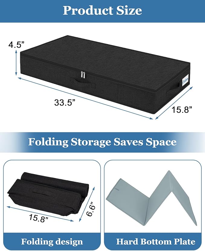 Cirhy Under Bed Storage Containers, 4.5 Inch Tall Low Profile Under Bed Storage with Sturdy Sidewalls & Bottom, UnderBed Storage for Clothes,Shoes, Pillow, Blankets Organizer, 2 Pack Black