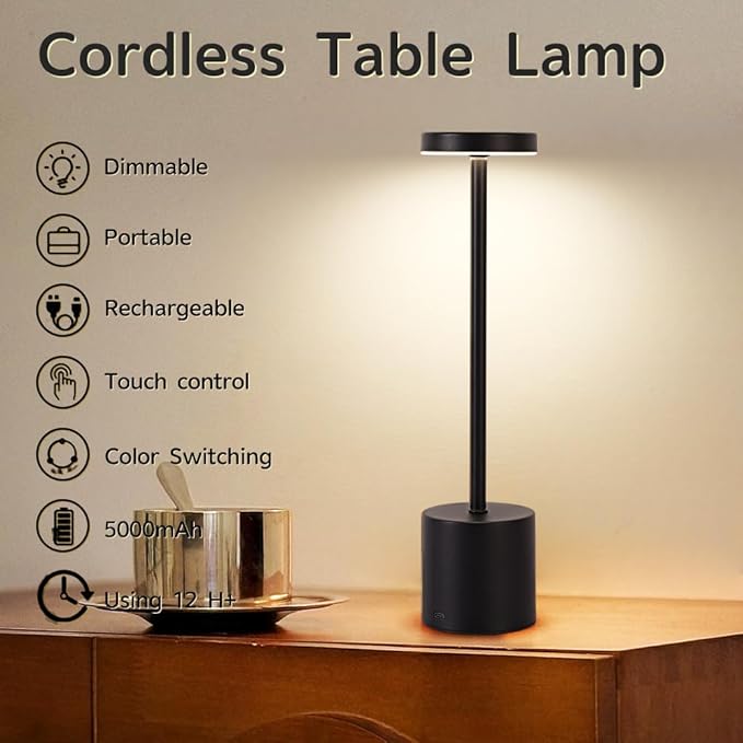 Cordless Table Lamp, 5000mAh Rechargeable Battery Powered LED Desk Lamp, Portable Touch Control Outdoor Table Lamps,3 Color Dimmable Light for Restaurant, Patio, Bedroom, Night Lamp (Black)