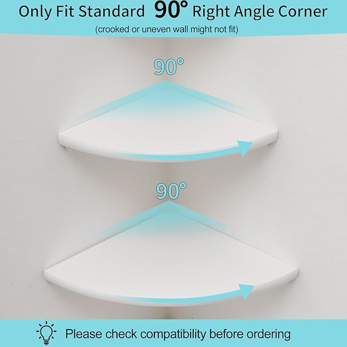 Corner Shelf, White Solid Oak Wood Floating Corner Shelves Wall Mount Round End Floating Speaker Rack for Small Plant Photo Frame (White, 8.6in)