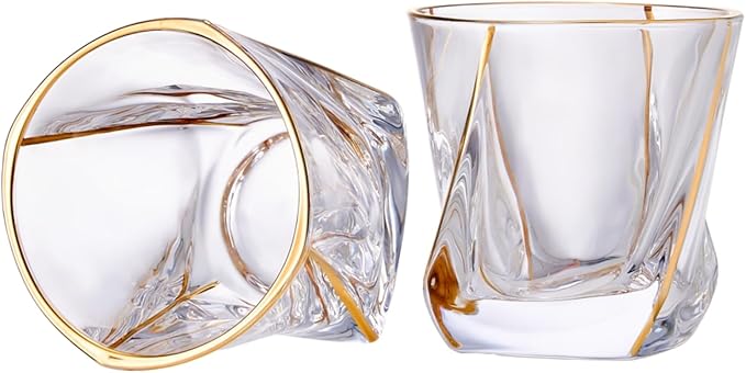 Crystal Whiskey Glasses Set of 2 with 24K Gold Rim,Bar Glasses,Twisted Whiskey Glass Gold Collection for Bourbon,Scotch and Wine,Rock Barware for Men Gift - 8oz