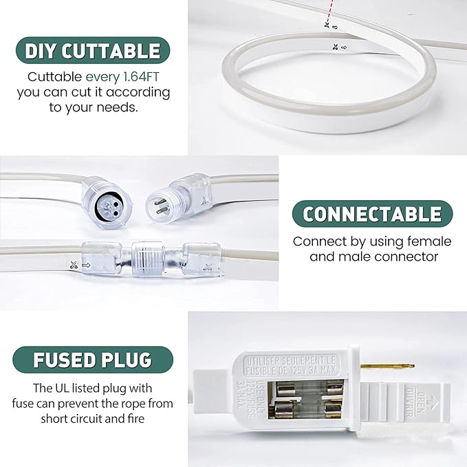 GZBtech Flexible LED Neon Rope Lights 33FT,AC 110-120V Waterproof Strip Light, 120 LEDs/M Cuttable Connectable Neon Lighting for Indoor Outdoor Home Decor/Commercial Building Use-Green 10M