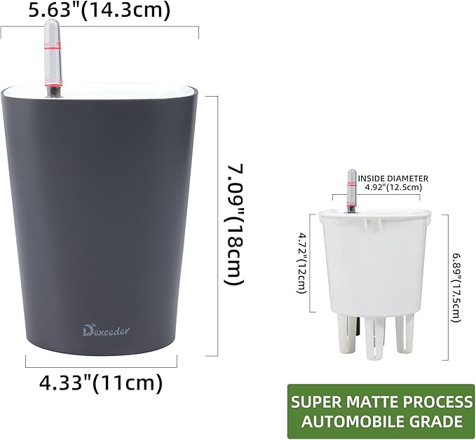 Dexceder 6x7 Self Watering Planter Indoor Outdoor, Matte Table Flower Plant Pot with Water Level Indicator (Slate Gray)