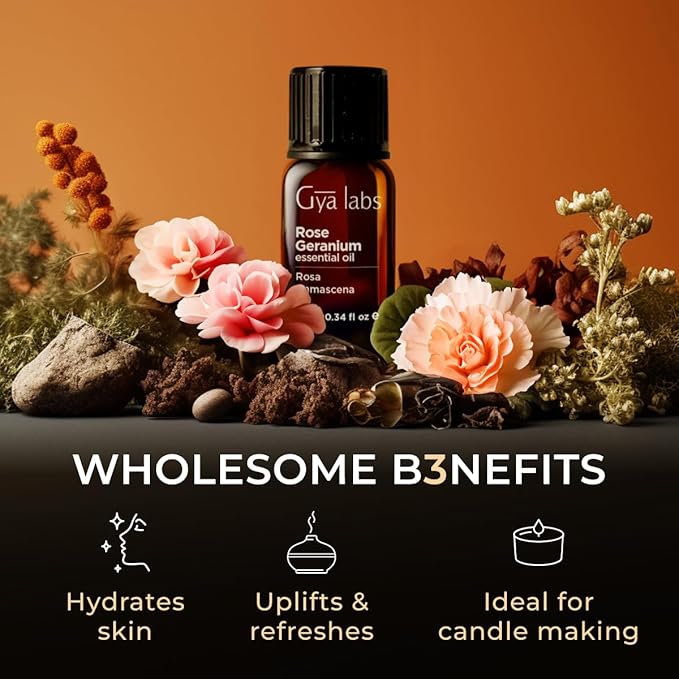 Gya Labs Rose Geranium Essential Oil for Skin - 0.34 Fl Oz - 100% Pure Natural Rose Geranium Oil for Diffuser, Aromatherapy Self-Care & Candle Making Scent