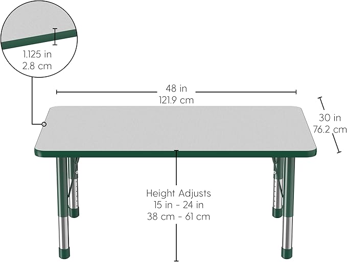 FDP Rectangle Activity School and Classroom Kids Table (30 x 48 inch), Chunky Toddler Legs, Adjustable Height 15-24 inches - Gray Top and Green Edge