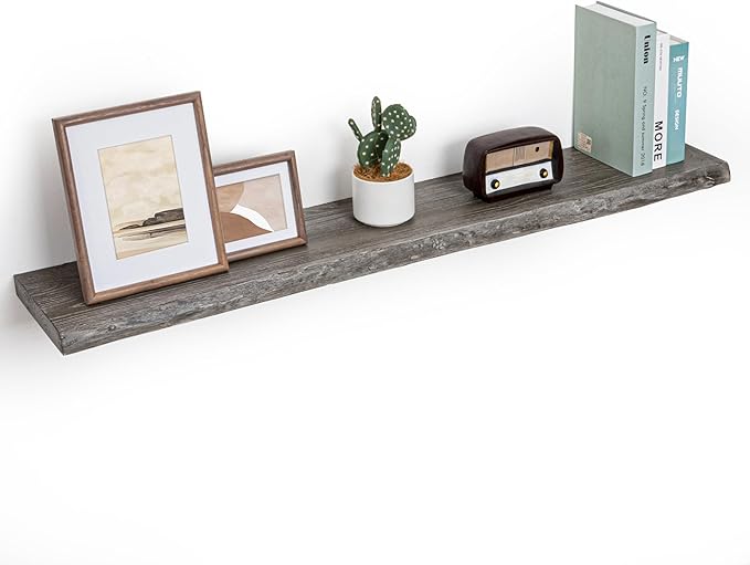 Fun Memories Floating Shelves for Wall, 48"x9.3" Rustic Solid Live-Edge Elm Wood Wall Shelves, Heavy-Duty Floating Shelves with Invisible Brackets for Living Room, Bedroom, and Kitchen, Grey Finish