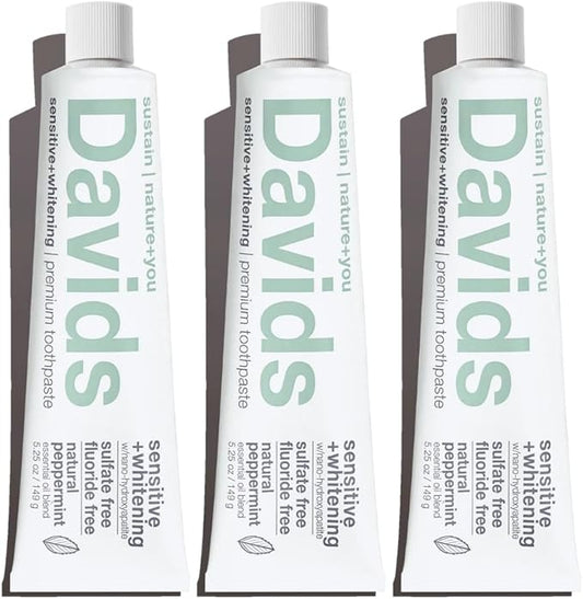 Davids Hydroxi™ Fluoride Free Nano Hydroxyapatite Toothpaste for Remineralizing Enamel & Sensitive Relief, Whitening, Antiplaque, SLS Free, Natural Peppermint, 5.25oz, Made in USA (3 Pack)