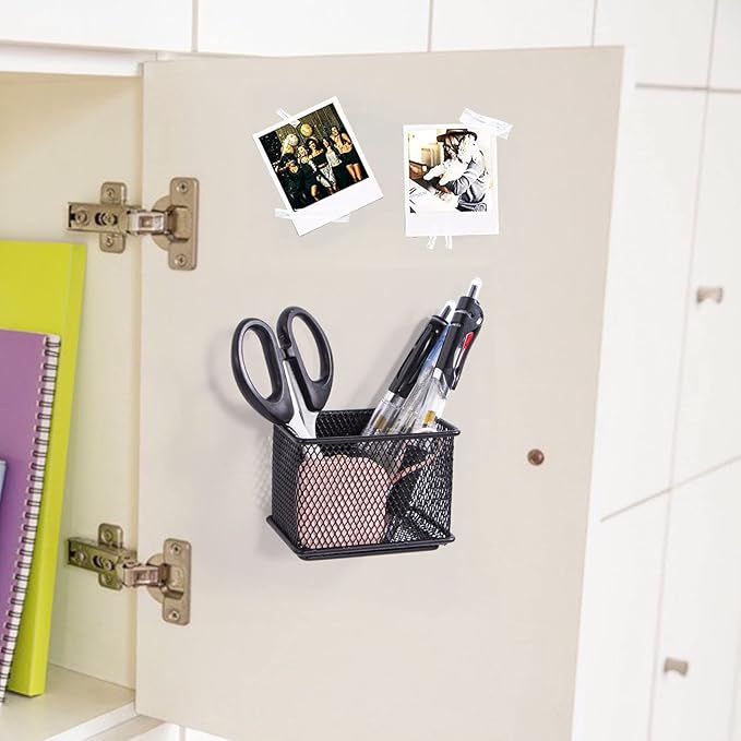 dedoot 2 Pack Magnetic Pen Holder, 3.45x2.3x2.6 Inch Magnetic Basket Locker Organizer Metal Mesh Pencil Memo Holder for Whiteboard, Fridge, Desk, Offices