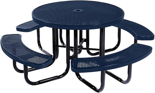 Coated Outdoor Furniture Heavy-Duty Portable Outdoor Picnic Table with Umbrella Hole, Punched Steel Commercial-Grade Patio Dining Furniture Made in America (46" Round Top, Textured Dark Blue)
