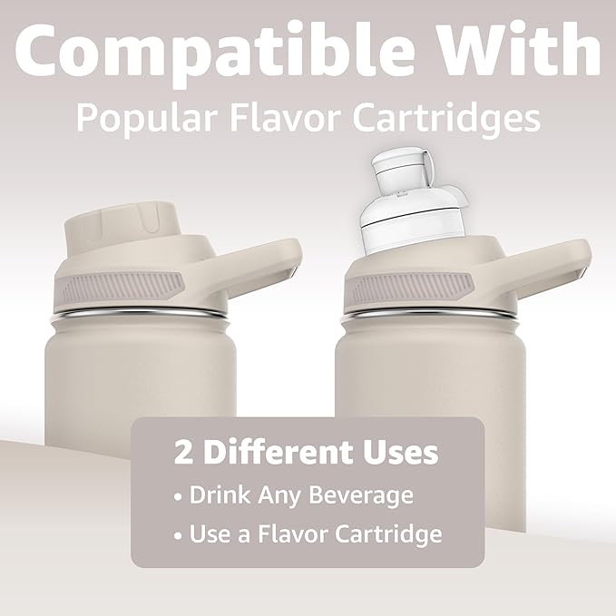 Chill Oasis Water Bottle | Compatible With Popular Flavor Cartridges | BPA Free, Leak Proof, Double-Walled Vacuum Insulated Stainless Steel, and Dishwasher Safe | Cold for 24 Hours (Beige, 12oz)