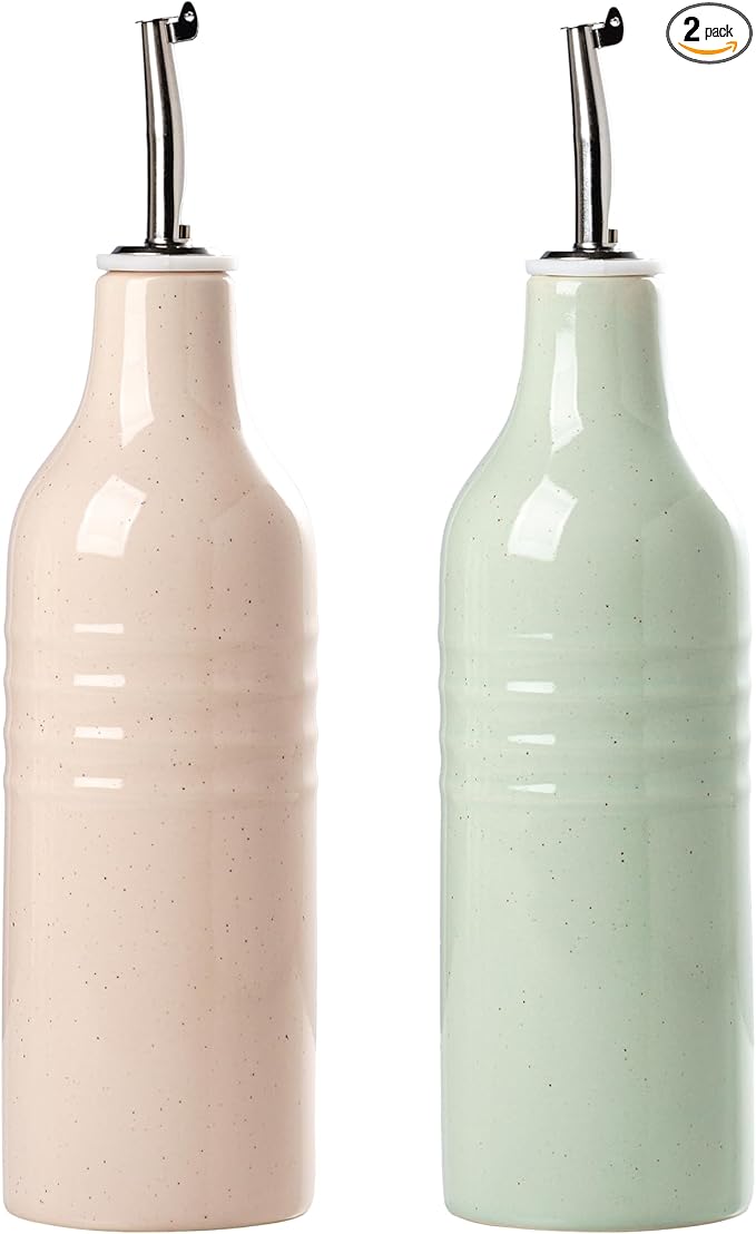famiware Jupiter 16oz Ceramic Olive Oil Dispenser Bottle, Olive Oil and Vinegar Dispenser Bottle Set of 2 with Stainless Steel Pourers, Suitable for Storage Vinegar, Liquids, Light Pink & Light Green