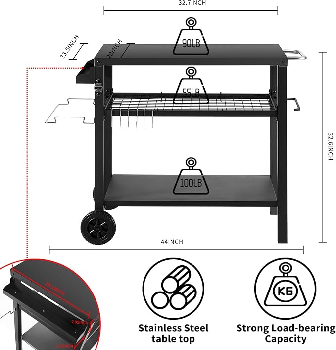 Dining Cart Table with Three Shelf, Movable Outdoor BBQ Grill Pizza Oven Stand with Three Hooks, Kitchen Cart Island Multifunctional Food Prep Table for Inside and Outside (Black)