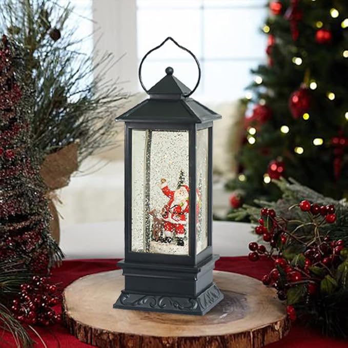 Eldnacele Christmas Snow Globe Lantern with Music, Battery Operated Lighted Swirling Glitter Water Lantern with Timer for Christmas Home Decoration, Santa