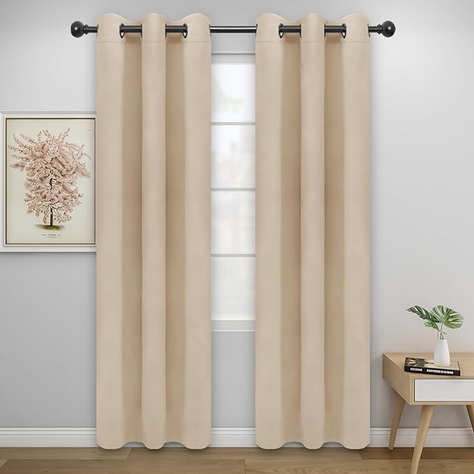 Easy-Going Blackout Curtains for Bedroom, Solid Thermal Insulated Grommet and Noise Reduction Window Drapes, Room Darkening Curtains for Living Room, 2 Panels (34x84 in, Beige)