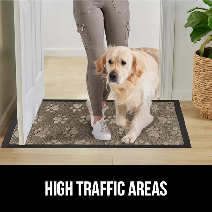 GORILLA GRIP 100% Waterproof All-Season WeatherMax Doormat US Designed Natural Rubber, Stain and Fade Resistant, Low Profile Indoor Outdoor Door Mats, Easy Clean Patio Mat, 17x29, Tan Pawprints