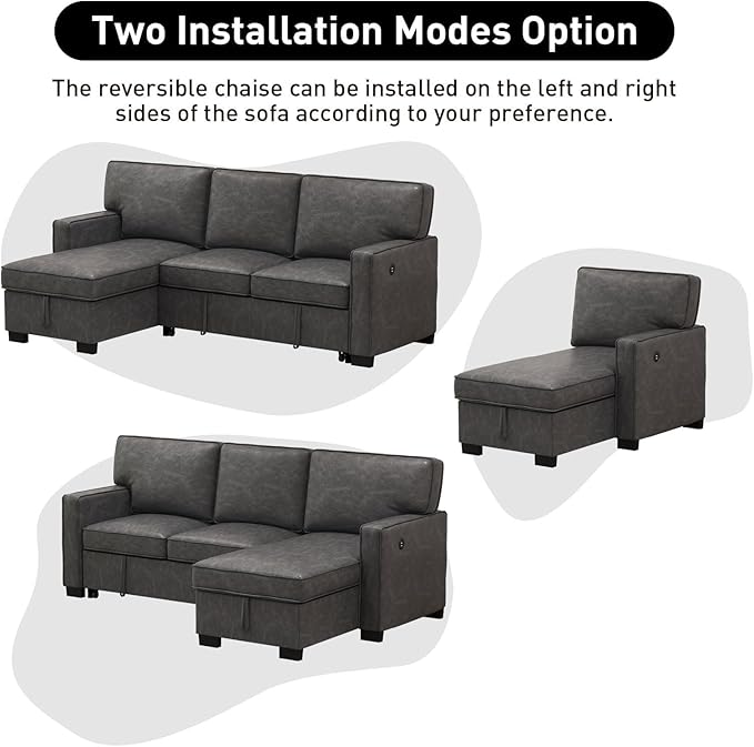 EBELLO Convertible Sleeper Sofa 3 in 1, Faux Leather Modern L-Shaped Couches for Living Room, Pull Out Sectional Futon Sofa Bed with Storage Space, USB Ports and Cup Holders for Bedroom